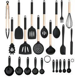 Rose Gold Silicone Kitchen Utensils Set (23pcs) - Luxury Cookware Utensil Collection - Suitable for Non Stick Pots and Pans