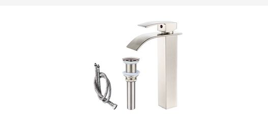 Vessel Sink Faucet Brushed Nickel Modern Tall Waterfall Bathroom Sink Faucet with Pop-Up Drain Single Handle Bathroom Faucet 1 Hole Bowl Lavatory Vani