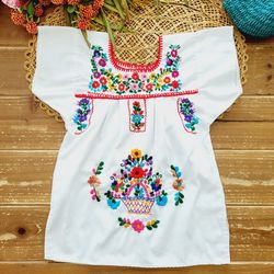 SIZE 5T-6 GIRLS HANDMADE MEXICAN TRADITIONAL WHITE MULTICOLOR EMBROIDERED FLORAL COTTON TUNIC