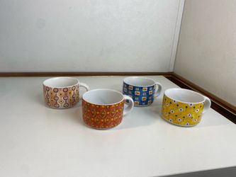 Pier 1 Colorful Patterned Stoneware Mugs - Pink, Orange, Yellow, Blue