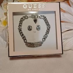 Beautiful Silvertone Guess Bracelet With Stud Earrings $15