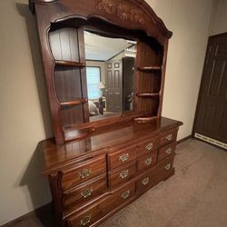 Wood Bed With Mattress And Box Springs And Large Dresser 