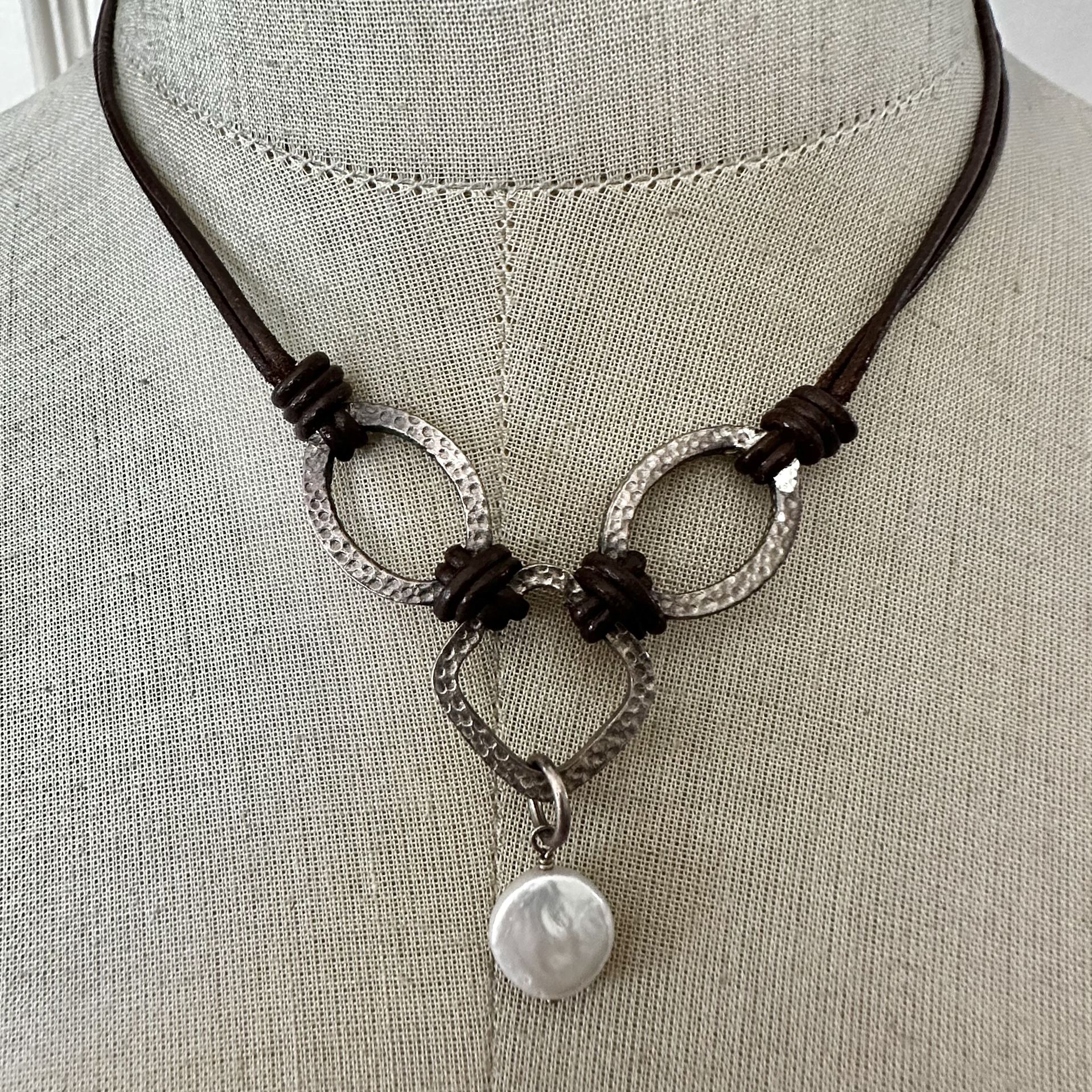 Silpada Sterling Silver & Leather Coin Pearl Necklace