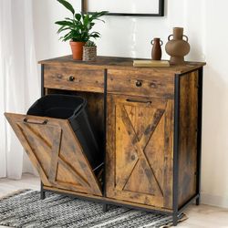 Double Tilt Out Trash Cabinet 20 Gal, Kitchen Wooden Recycling Cabinet, Hidden Trash Can Holder w/Drawers & Tabletop, Dog-Proof Trash Bin Cabinet, Tra