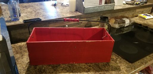 Perfect for Christmas or fall vintage wooden tool box with red handle large