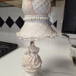 Rare Japanese Lenwile Ardalt Porcelain Lamp Lady Lacy Flowers Vintage 19" 