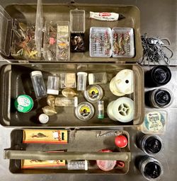 Vintage Metal Fishing Tackle Box Loaded with Trout Fishing Gear & Garcia Mitchell Spools