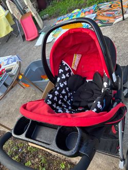 Mickey Mouse car seat, base, and stroller
