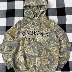 Vintage 90s Cabela’s Camo Hunting Hoodie Heavyweight Hoodie Sweatshirt Green (M)