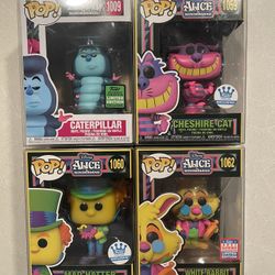 Alice In Wonderland Funko Pop Set *MINT* Blacklight Convention Exclusive White Rabbit Cheshire Cat Caterpillar Mad Hatter Disney 1009 1062 protector