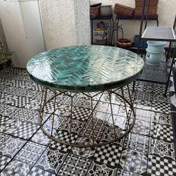 Anthropologie Tile Coffee Table – Turquoise Ceramic / Brass Base (31”)