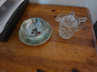 Vintage Japanese Porcelain Teacup Set and Glass Creamer