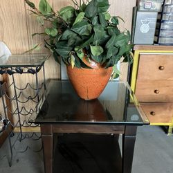 Square Solid Espresso Wood Side Table 21”square 22”H & Square Glass Table Top 24”x24” & A Beautiful Orange 13” Vase With Flowers 
