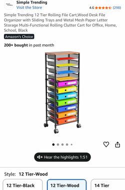 12 Tier Rolling File Cart,Wood Desk File Organizer with Sliding Trays and Wetal Mesh Paper Letter