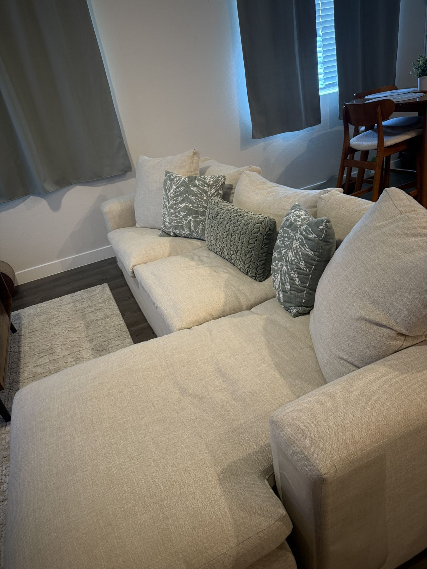 Living Spaces Shuffle 108” Sofa with Reversible Chaise – Good Condition