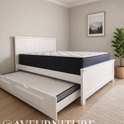 Solid Wood White Queen Bed W Twin Trundle And 2 Mattresses 