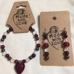 Beautiful Red Heart Beaded Bracelet With Matching Earrrings.