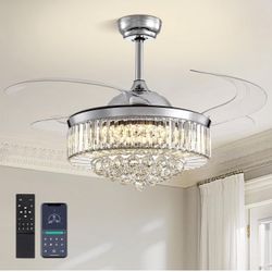 48 Inch Crystal Chandelier Ceiling Fan with Light Modern Chandelier Ceiling Fan with Retractable Blades Crystal Fandelier with Remote Control 48" Chro