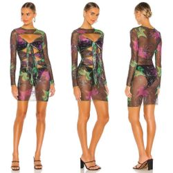 Kim Shui multi front tie mesh long sleeve cut-out dress in black size S small