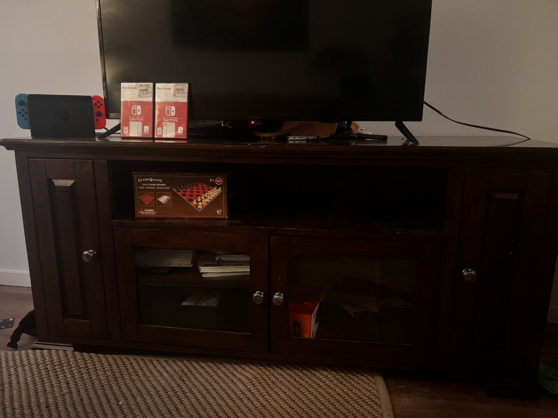 Wood TV Stand w/ Glass Front + 2 Drawers – Good Condition – Pickup Only 