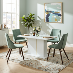Homy Casa Quinby 5PC Dining Set 81” Extendable High Gloss Table with 4 Smeg Green Velvet Chairs Modern Pedestal Base