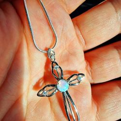 Sterling Silver & Natural Opal Filigree Cross
