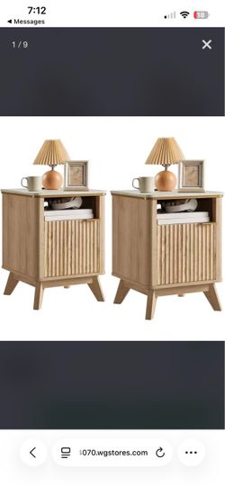 2PCS Fluted Nightstands w/ Charging Station, 18" Modern Side Table, Wooden Bedsi