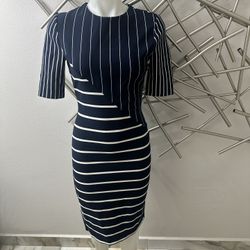 ZARA WOMAN NAVY BLUE WHITE STRIPED LIMITED EDITION TUBE MIDI DRESS-XS