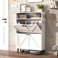 Farmhouse Shoe Storage Cabinet with Barn Door Design, Shoe Organizer with 2 Flip Drawers, Freestanding Narrow Shoe Rack Cabinet with Hooks for Entrywa
