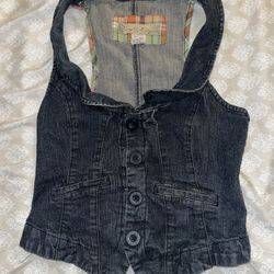 Vintage Denim Vest With Plaid Lining 