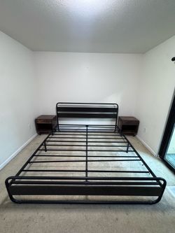 Queen Metal Bed Frame with Two Rustic Nightstands