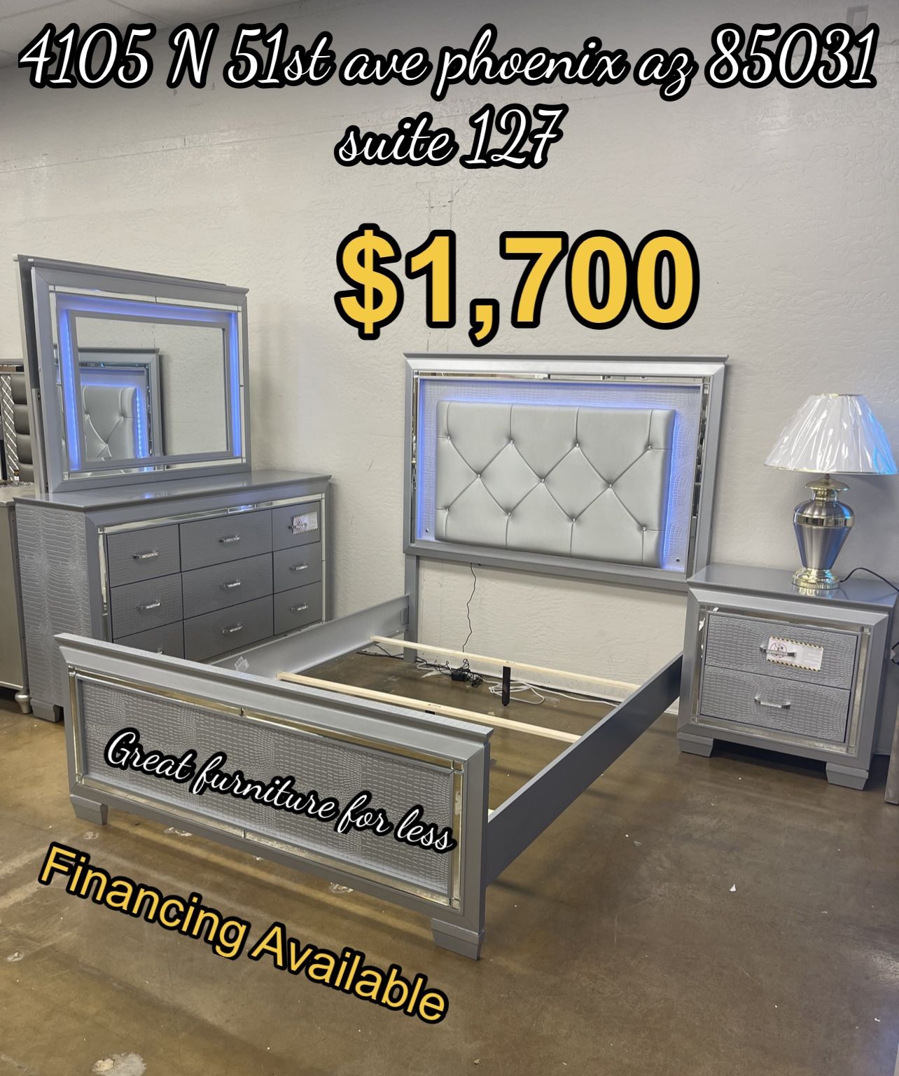 4 PCs Queen Size Led Bedroom Set Include Bed Frame Dresser Mirror And 1 Nightstand Brand New