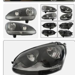 Black headlight assembly compatible with VW Jetta 2005-2010 and Golf MK5 2006-2009. Left and right headlights. 