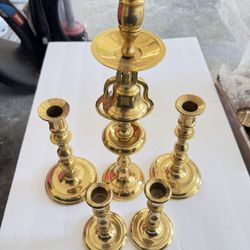 Vintage Brass Candle Holder 5 Pcs/Set 1pc 15" 1/2 Tall, 2pcs 9" Tall,2pcs 7"Tall.