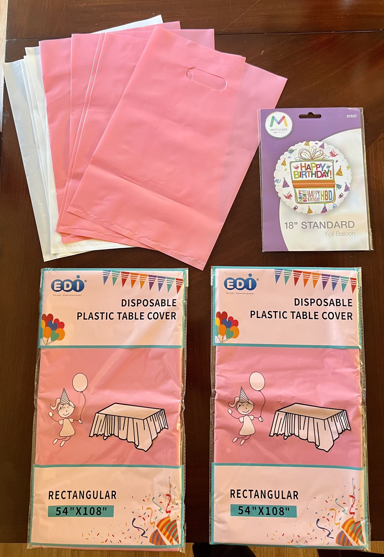 PARTY PACK!! 2 Pink Disposable Plastic Table Covers Balloon And Party Bags!! Pretty Foil HAPPY BIRTHDAY balloon!!