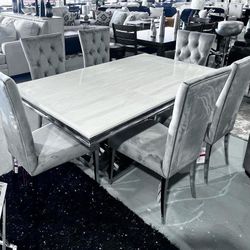 7PC Gray Marble Dining Table Set