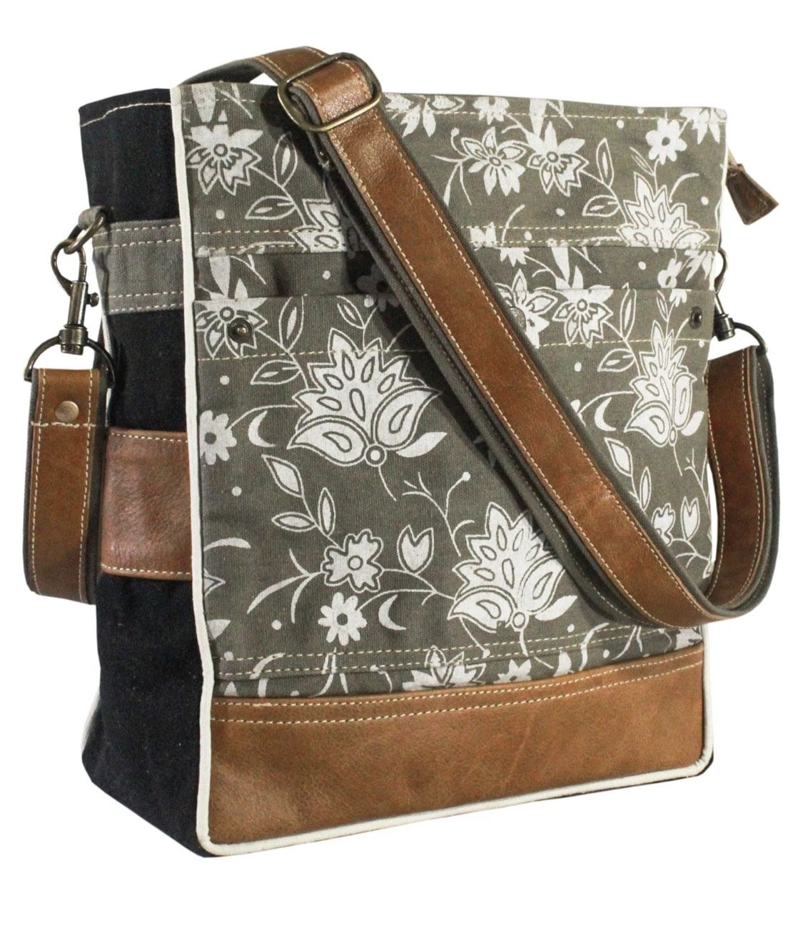 White Blossom Canvas & Leather Shoulder Bag