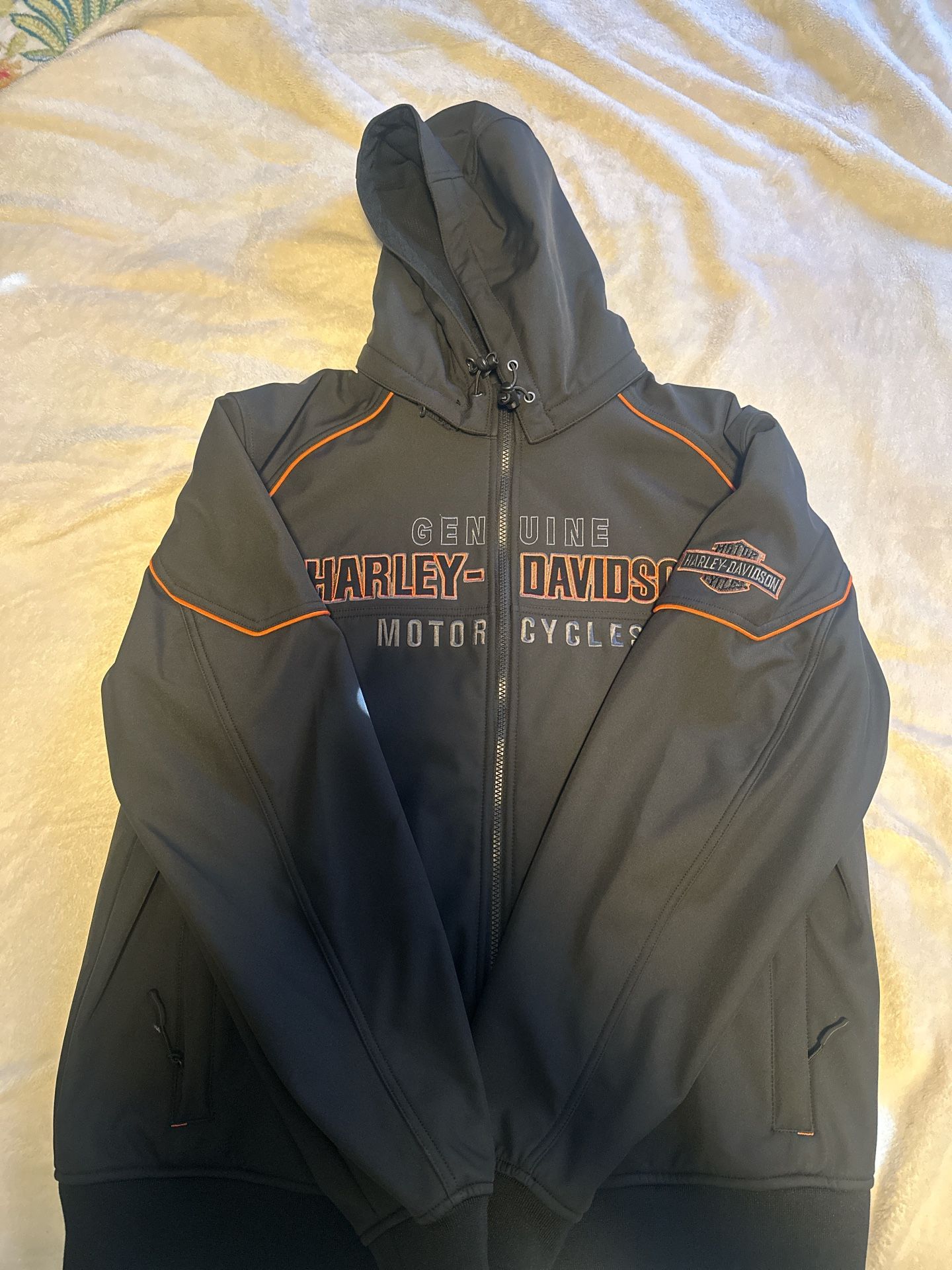 XL Harley Davidson black and orange jacket with removable hood