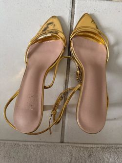 Gold Strappy Pointed-Toe Heeled Sandals