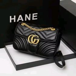 Black Quilted Chain Shoulder Bag with Gold Detail