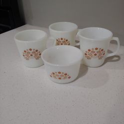 Vintage 1960s Pyrex Summer Impressions Brown Flowers Milk Glass Mugs Creamer Dish (4 Pcs)