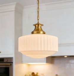 New 15”Milk Glass Pendant Light Chandelier Ribbled Glass Gold/Brass Metal,Adjustable Height Dimmable