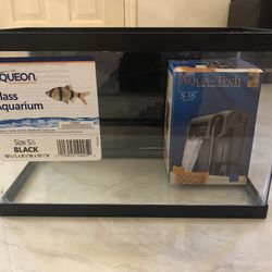 aqueon Glass Aquarium Size 5 1/2 With Black/blue Wallpaper. Aqua Tech 5-15 Gallon Tank Filter. Hardly Used.