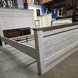 Rustic Whitewash Queen Size Bed Frame