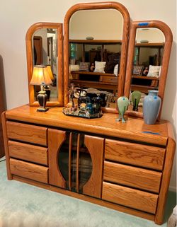 Triple Oak Dresser w/ Mirror, 9 Drawers