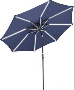 9 Feet Outdoor Patio Tilt Umbrella with Solar-Powered Energy Efficient LED Light Bars (Navy Blue)