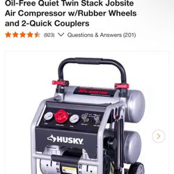 Husky 4.5 Gal. 175 PSI Portable Electric Oil-Free Quiet Twin Stack Jobsite Air Compressor w/Rubber Wheels and 2-Quick Couplers