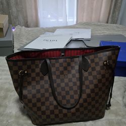 Louis Vuitton Medium Brown Checkered Tote Bag with Red Interior.