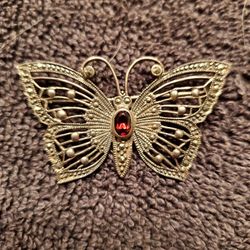Vintage Filigree Butterfly Brooch. 925 Silver With Red Stone.