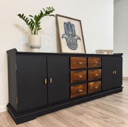 Beautiful Restored Handmade Black & Walnut Wood Sideboard / Cabinet
 78.5”L x 15.5”W x 29.5”H